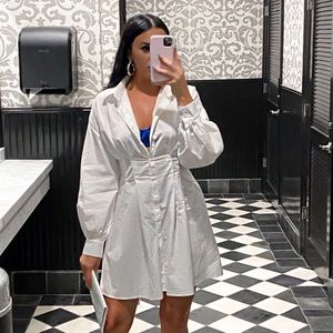 WHITE POPLIN PLEATED WAIST SHIRT DRESS